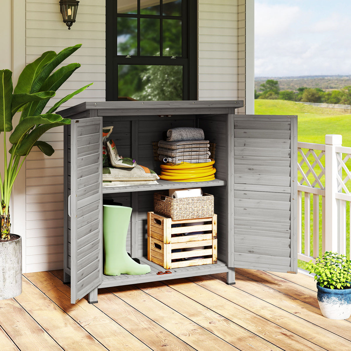 Wooden Garden Storage Shed Kit Wood Garage Tool Organisation Cabinet with 2 Door, 34" x 18" x 38", Grey