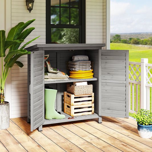Wooden Garden Storage Shed Kit Wood Garage Tool Organisation Cabinet with 2 Door, 34" x 18" x 38", Grey