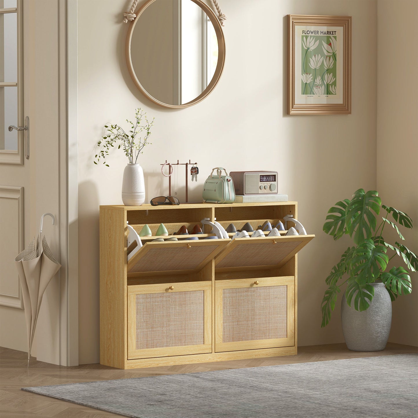 Narrow Shoe Storage Cabinet, Rattan Shoe Cabinet with 4 Flip Drawers and Adjustable Shelves for 20 Pairs, Oak