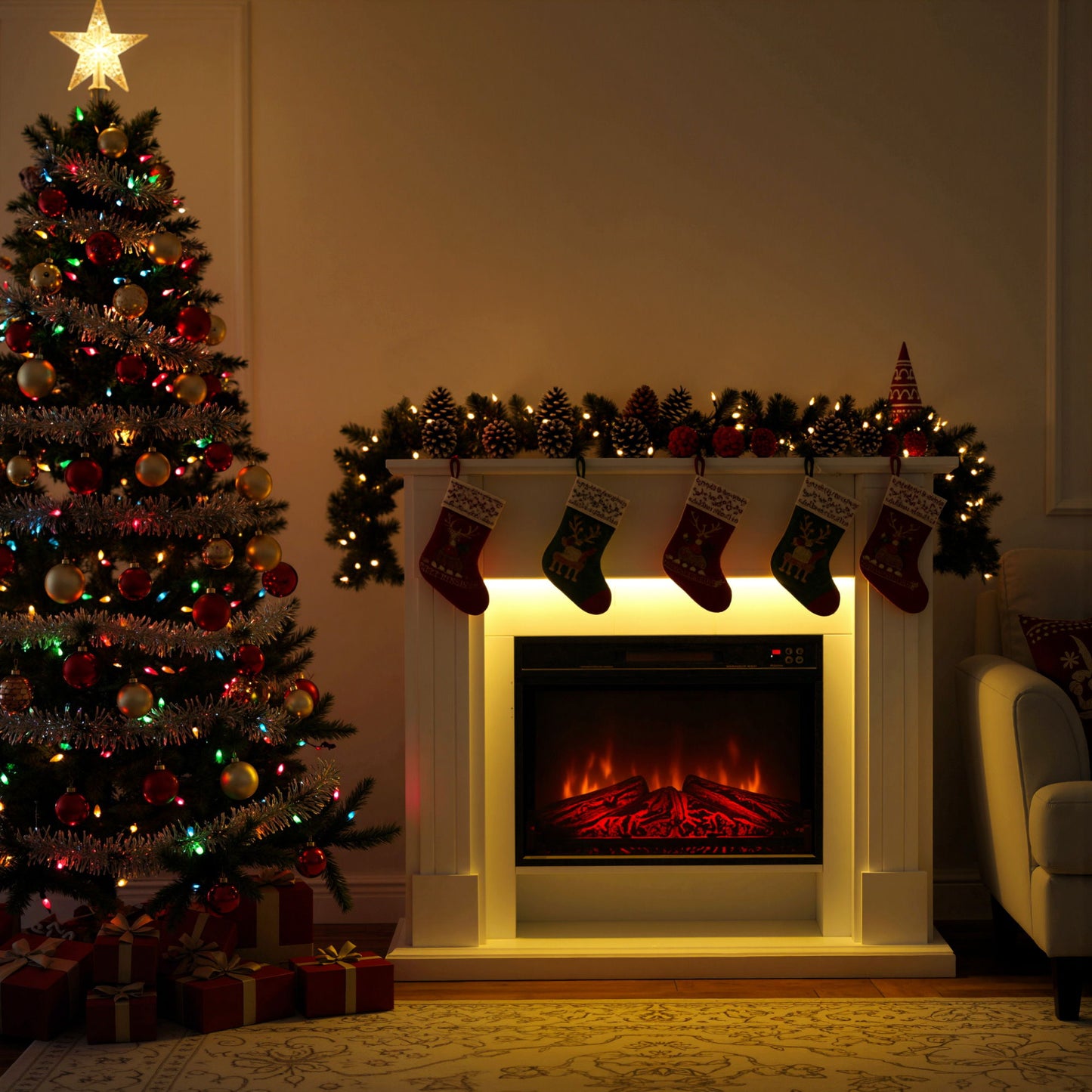 41 Inch Electric Fireplace with Mantel, 1400W Fireplace Heater with Adjustable 3D Flame Effect for Living Room, White