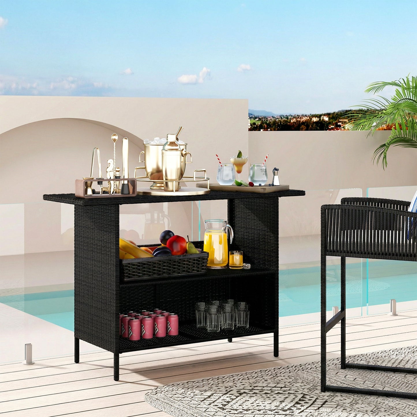 Wicker Outdoor Bar Table, PE Rattan Bar Height Patio Table with 2 Shelves, Steel Frame for Garden, Backyard, Black