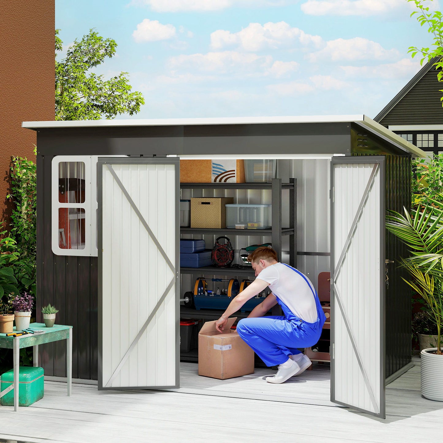 8.5' x 6' Galvanised Steel Outdoor Storage Shed, Garden Shed with Window, Lockable Wide Doors and Air Vents, Dark Grey