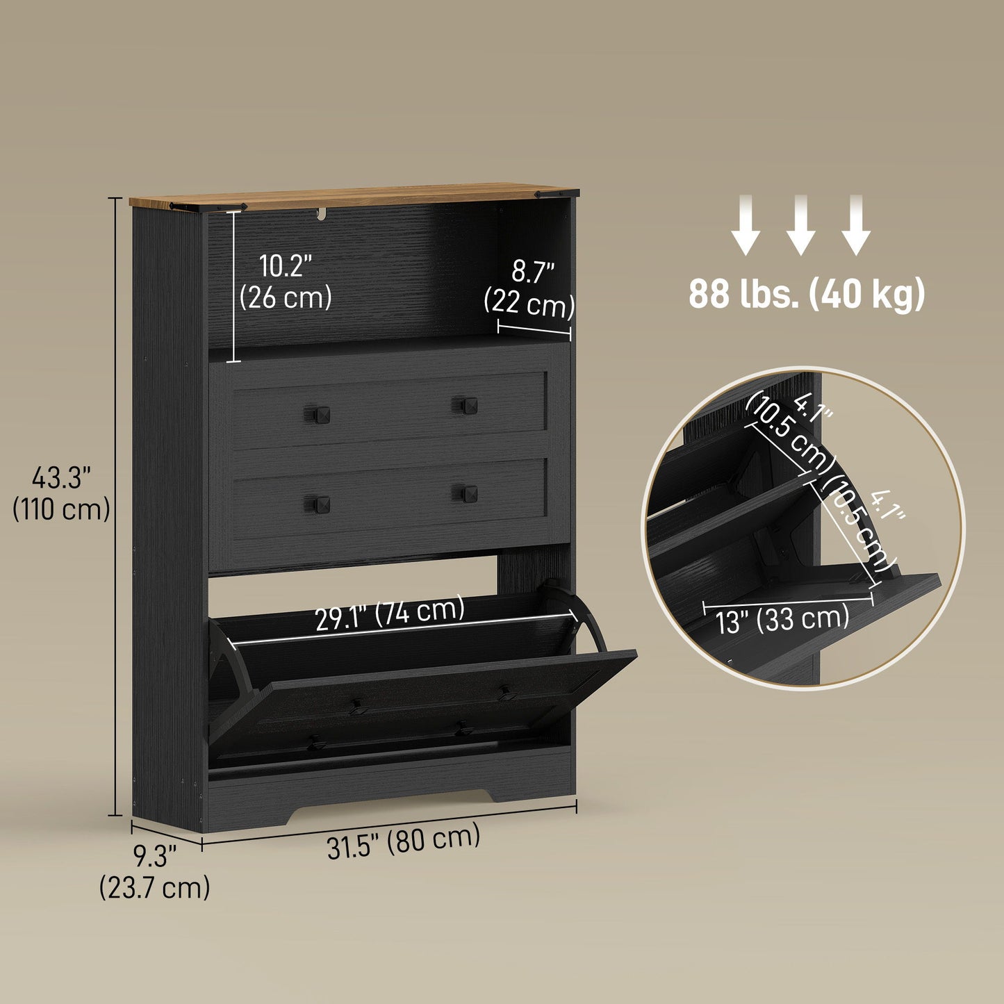Shoe Cabinet with 2 Flip Drawers, Narrow Shoe Storage Cabinet, Black