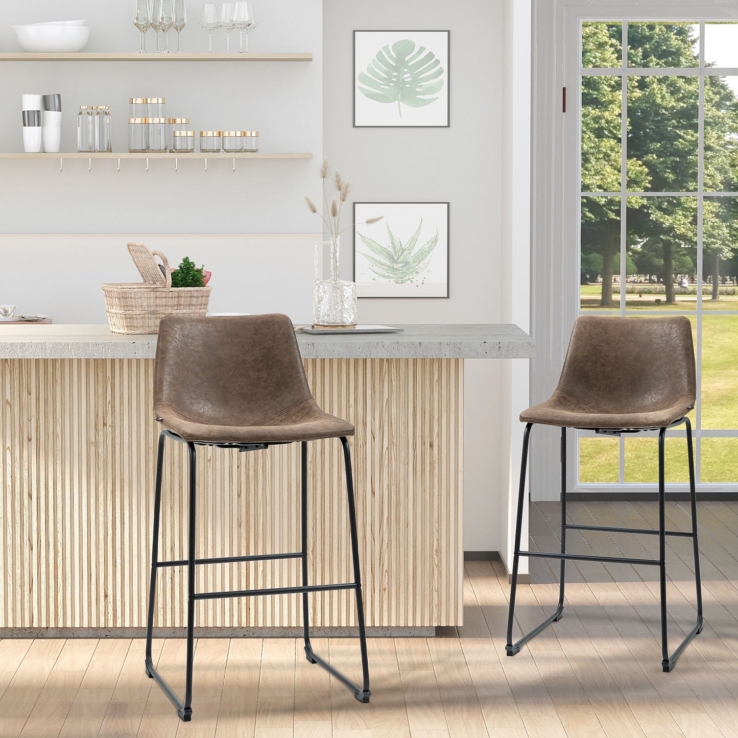 28.7" Bar Height Bar Stools Set of 2, Vintage PU Leather Bar Chairs, Kitchen Stools with Footrest for Home Bar, Tan Brown
