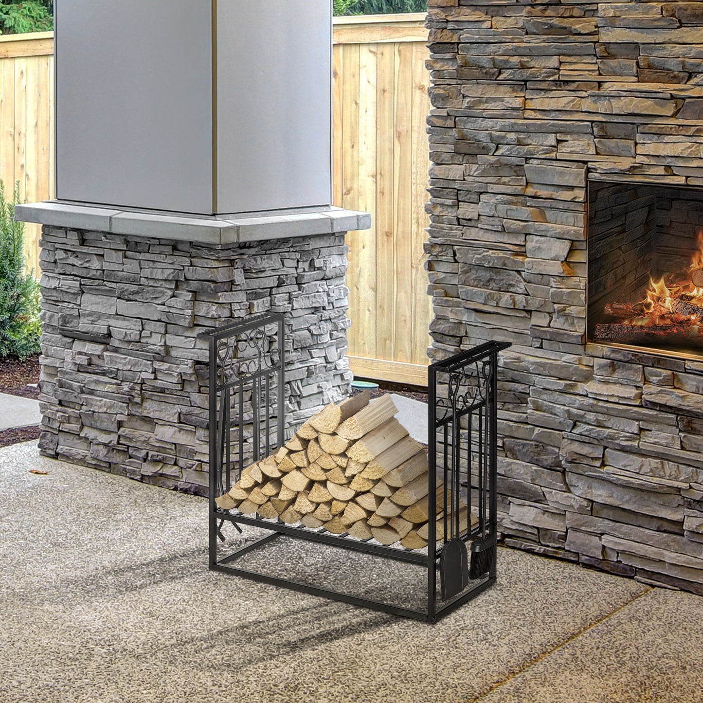 29.5" x 11.75" x 23.5" Heavy Duty Firewood Wood Log Rack Vintage Design Firewood Storage Shelf w/ 4 Tools, Black