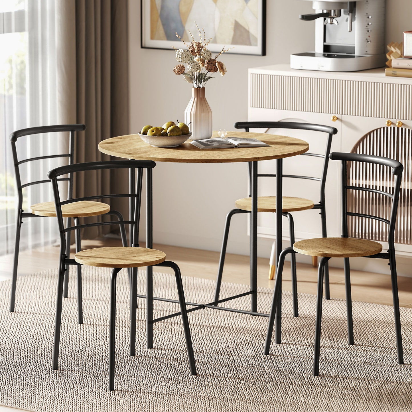 5 Piece Dining Table Set, Space Saving Round Dining Set for 4 with Metal Frame for Small Spaces, Natural