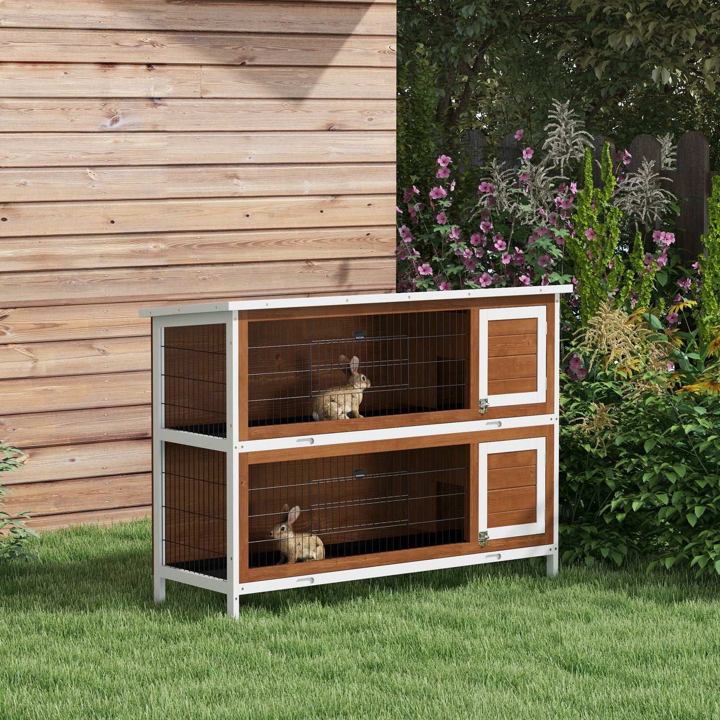 2 Tier Wooden Rabbit Hutch Bunny Pet House Wooden Coop Run, Brown