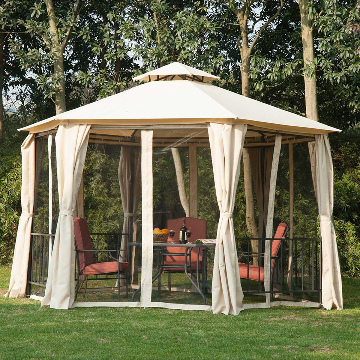 13ft Hexagon Gazebo Outdoor Canopy Shelter with Netting and Shaded Curtains Beige