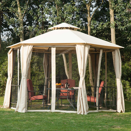 13ft Hexagon Gazebo Outdoor Canopy Shelter with Netting and Shaded Curtains Beige