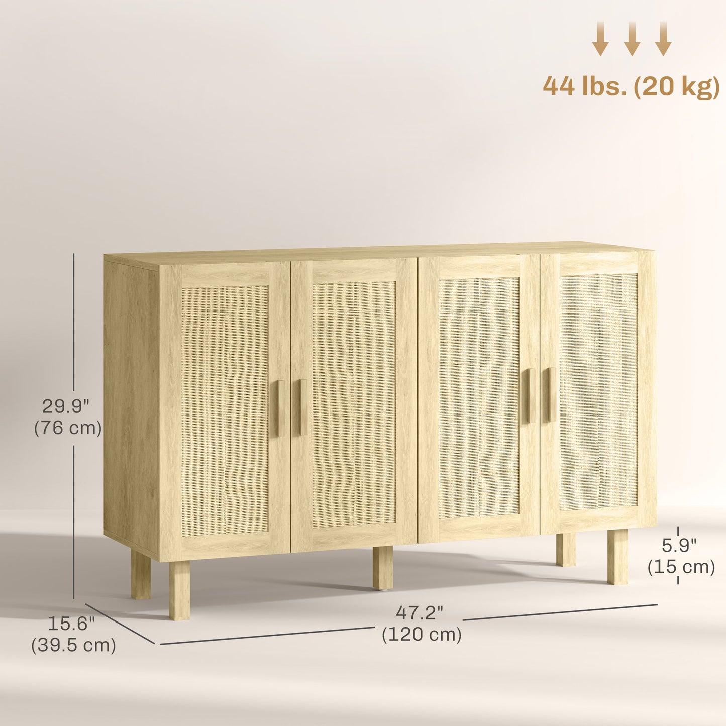 Boho Sideboard Buffet Cabinet, Storage Cabinet with 4 Rattan Doors and Adjustable Shelves, Natural