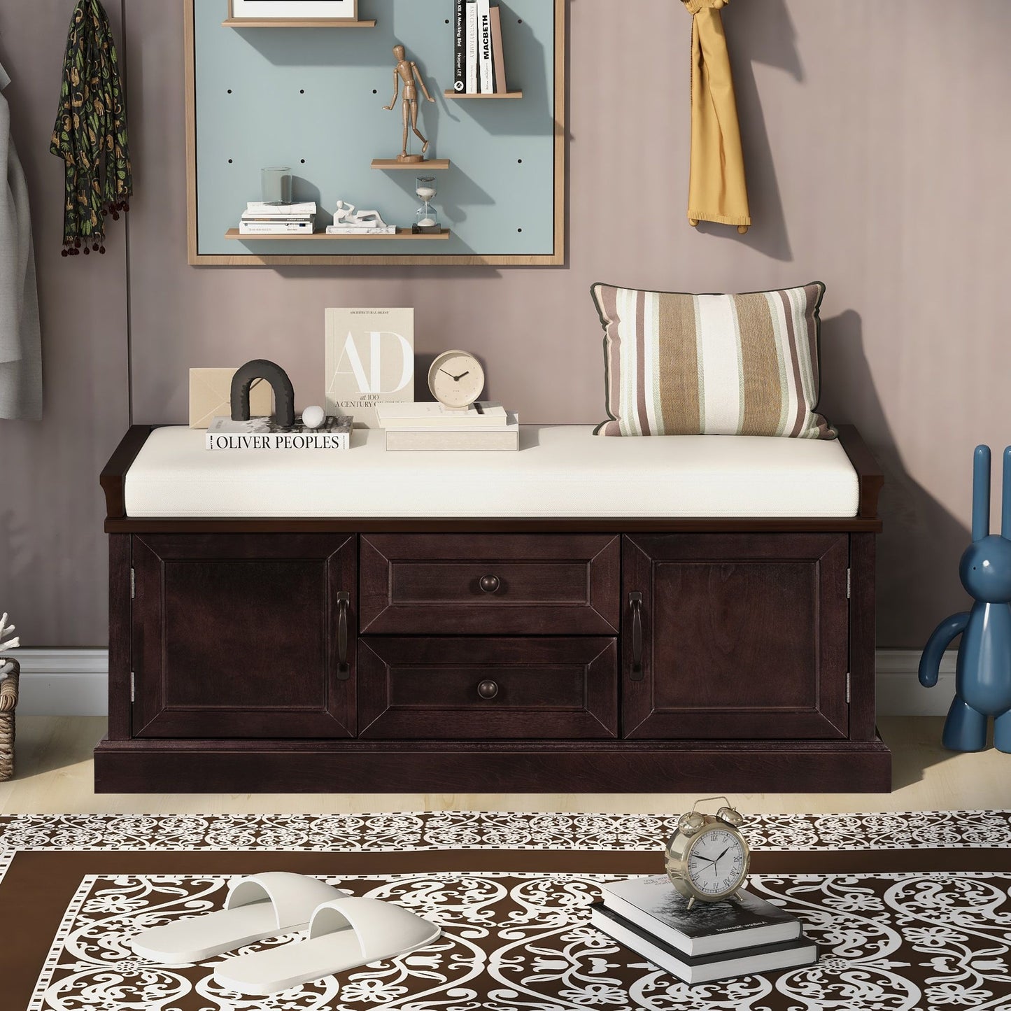 Storage Bench with 4 Doors and Adjustable Shelves, Removable Cushion for Entryway, 43" L x 16" W x 17.5" H, Dark Brown