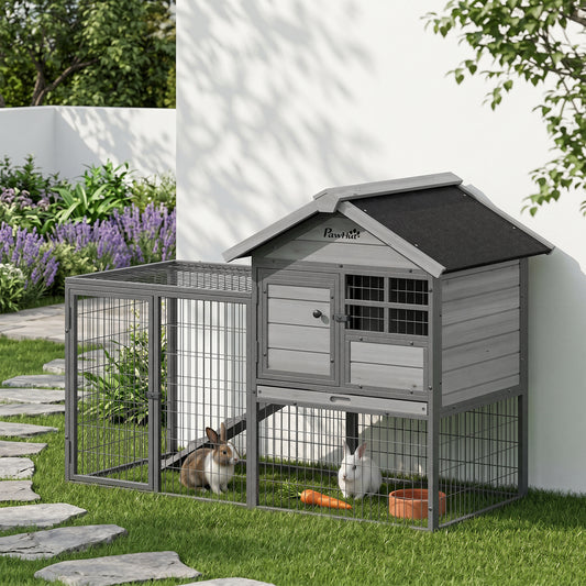 Rabbit Hutch Outdoor, 48"L Large Wooden Bunny Cage with Run, Grey