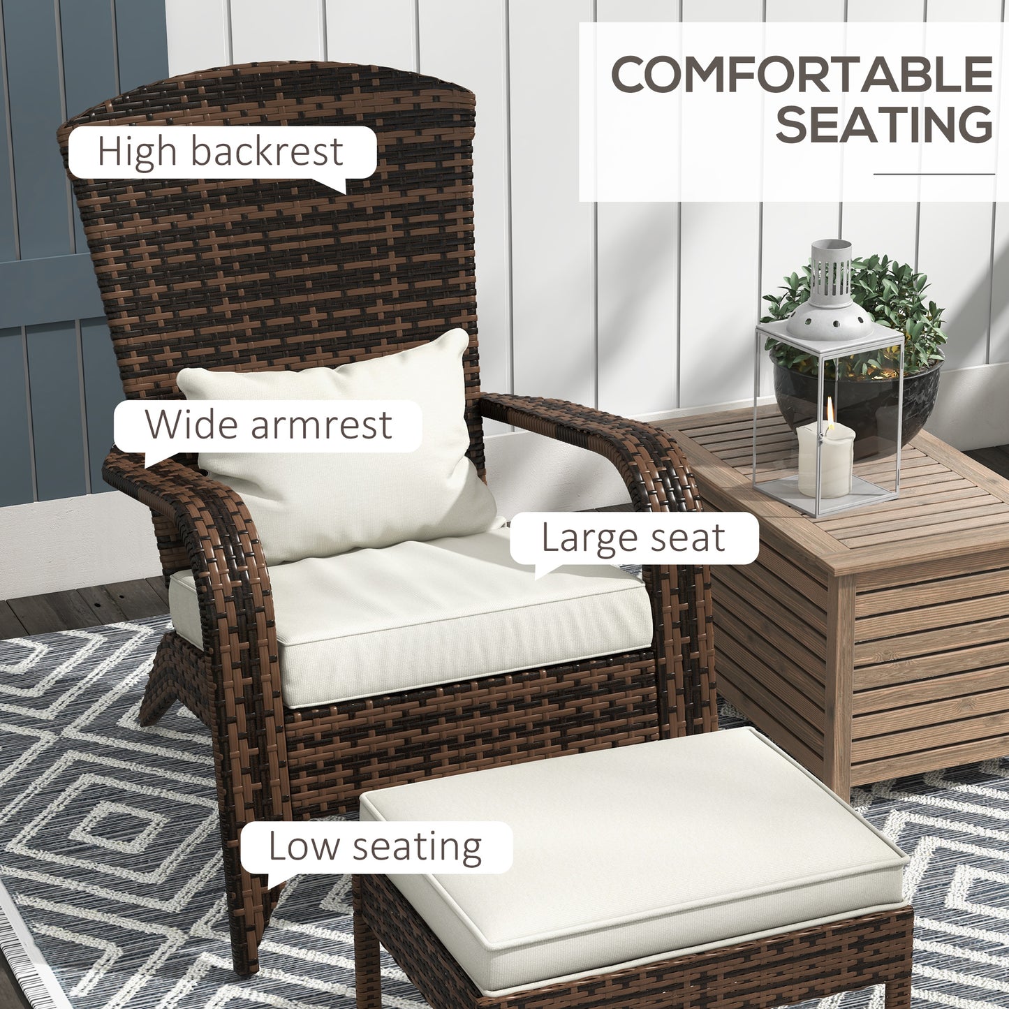 Wicker Adirondack Chair with Ottoman, Patio Cushioned Muskoka Chair with Armrests Brown/Cream White