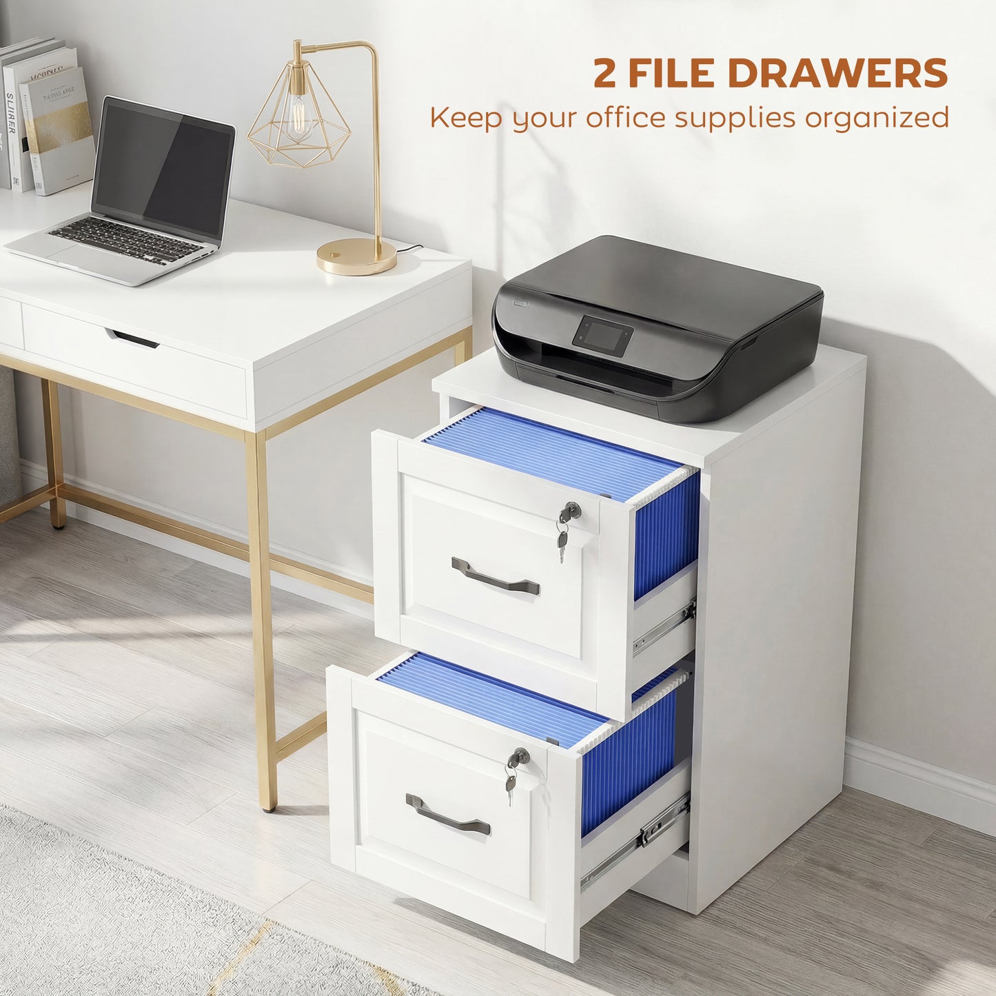2 Drawer File Cabinet with Lock, Vertical Filing Cabinet with Adjustable Hanging Bars for A4 and Letter Size, White