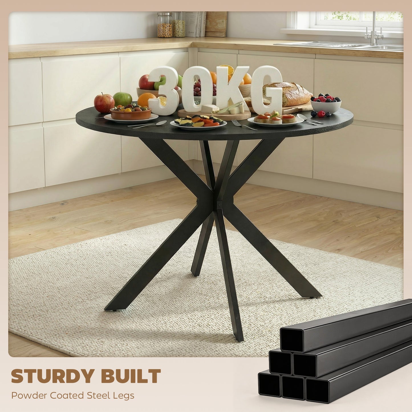 39" Dining Table, Contemporary Round Kitchen Table with Steel Legs, Black Wood Grain