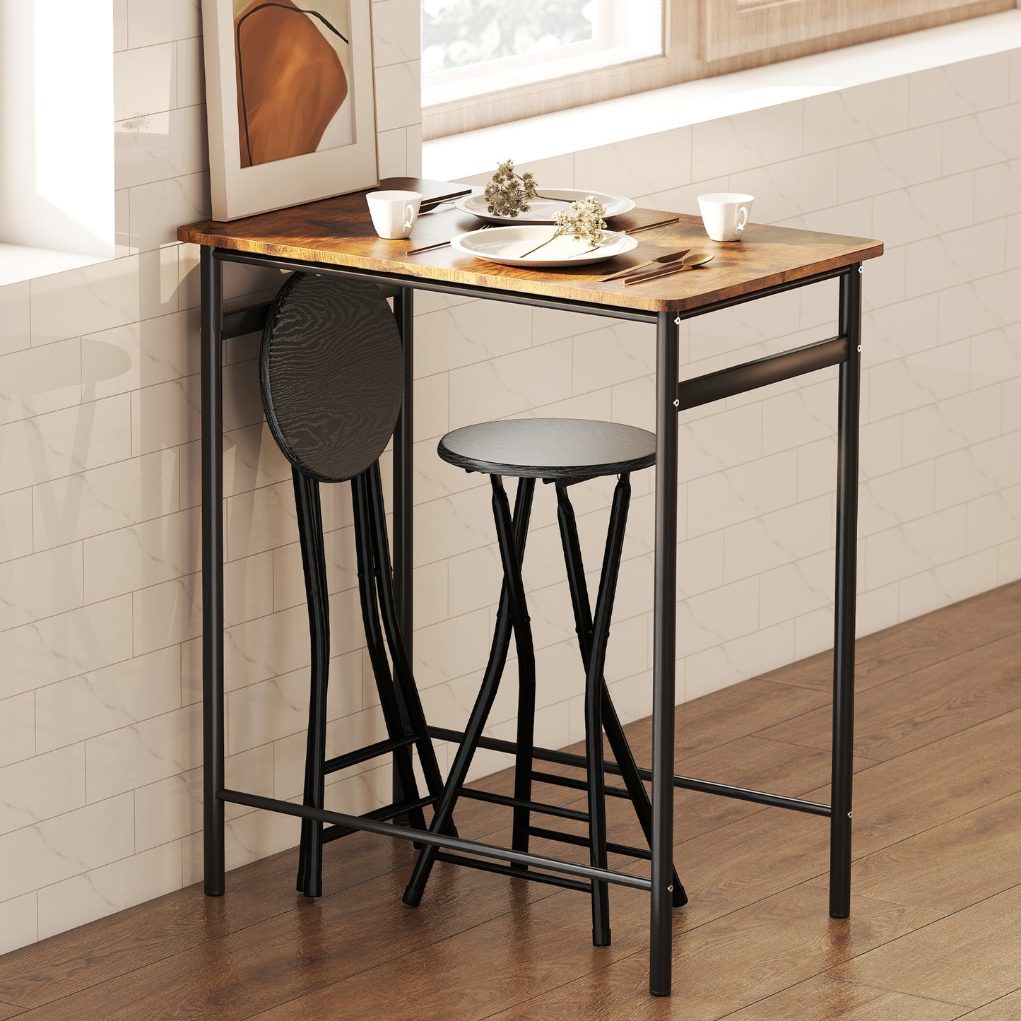 Set of 2 Foldable Barstools, Counter Height Bar Stools with Footrest and Steel Legs for Kitchen Island, Black