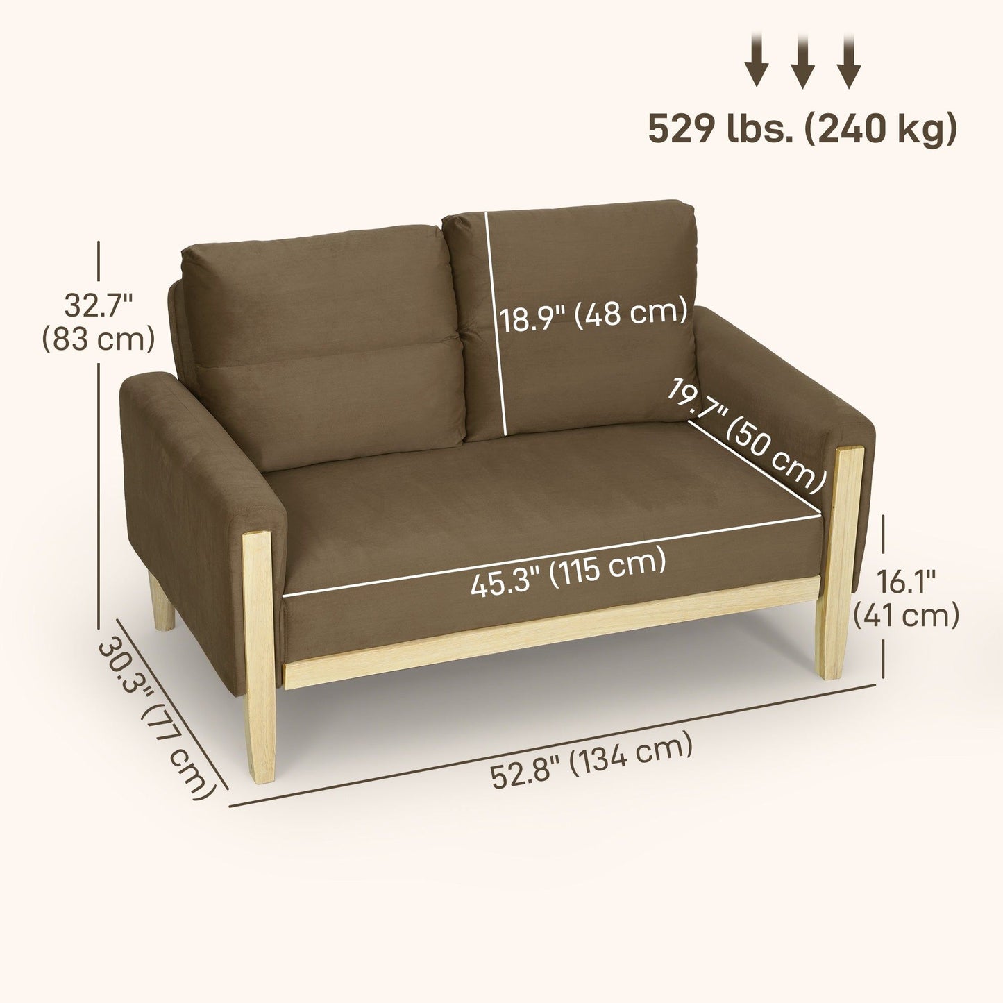 53" Velvet Loveseat Sofa with Wood Legs - Brown