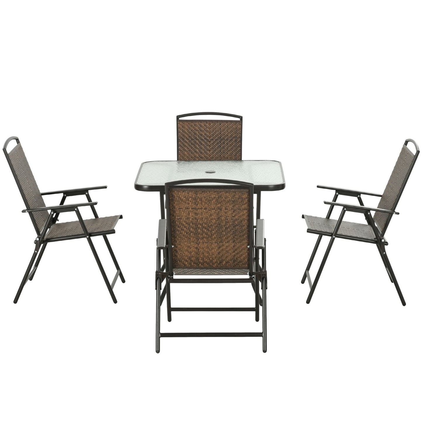 5 Pieces Folding Rattan Patio Table and Chairs for 4 with Umbrella Hole, Tempered Glass Top, Dark Brown