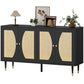 55" Sideboard Buffet Cabinet, Boho Storage Cabinet with Adjustable Shelves, Soft Close Doors and Rattan Front, Black