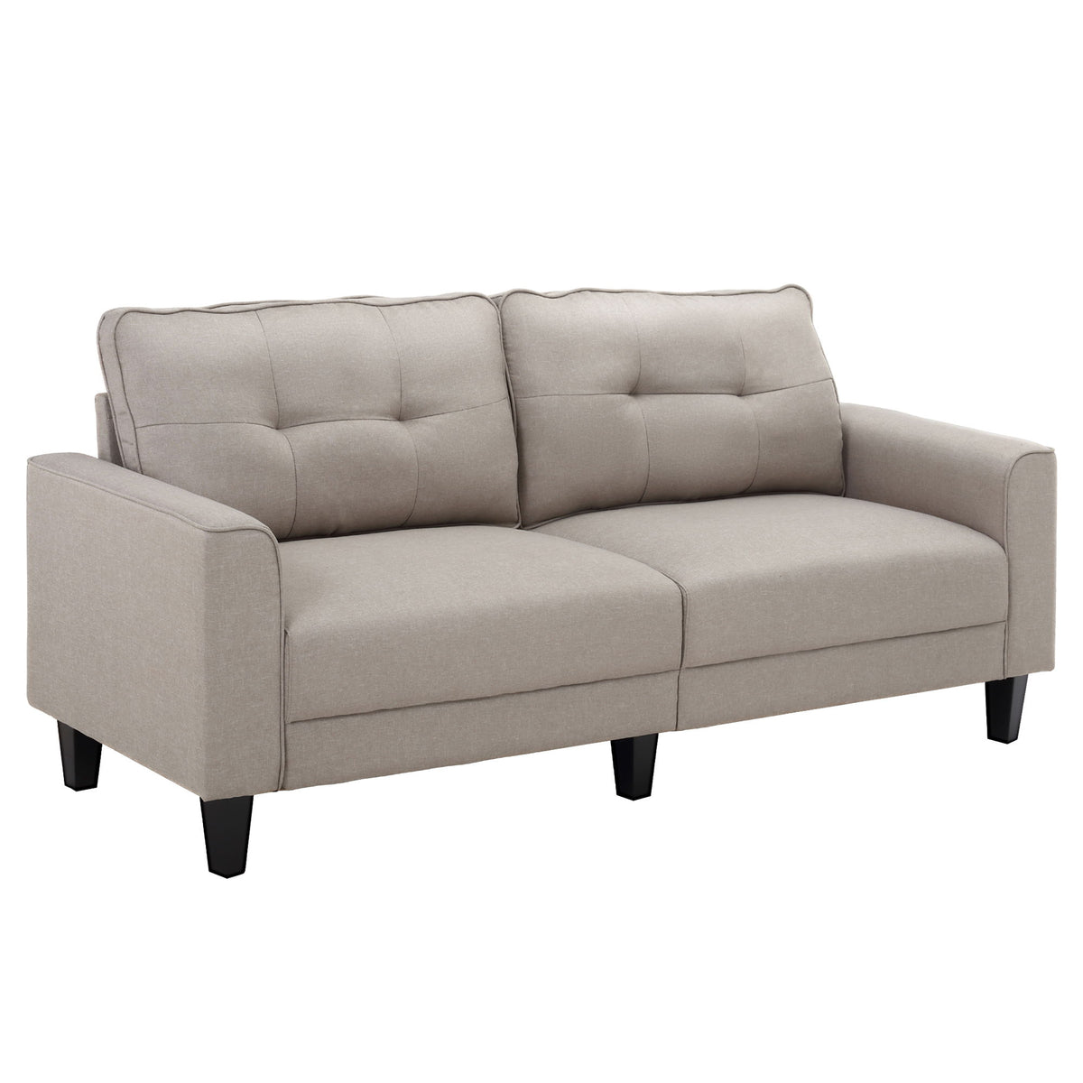 3-Seater Sofa, Mid-Century Linen Couch with Upholstered Seat, Button-Tufted Back Cushion and Rubber Wood Legs for Living Room, Bedroom, Beige