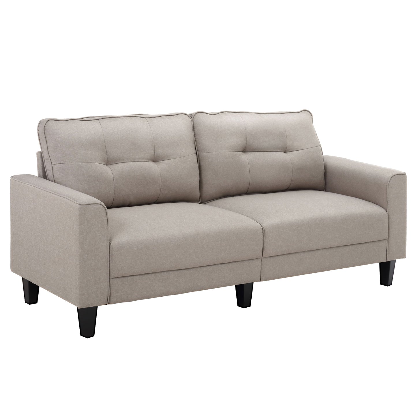 3-Seater Sofa, Mid-Century Linen Couch with Upholstered Seat, Button-Tufted Back Cushion and Rubber Wood Legs for Living Room, Bedroom, Beige