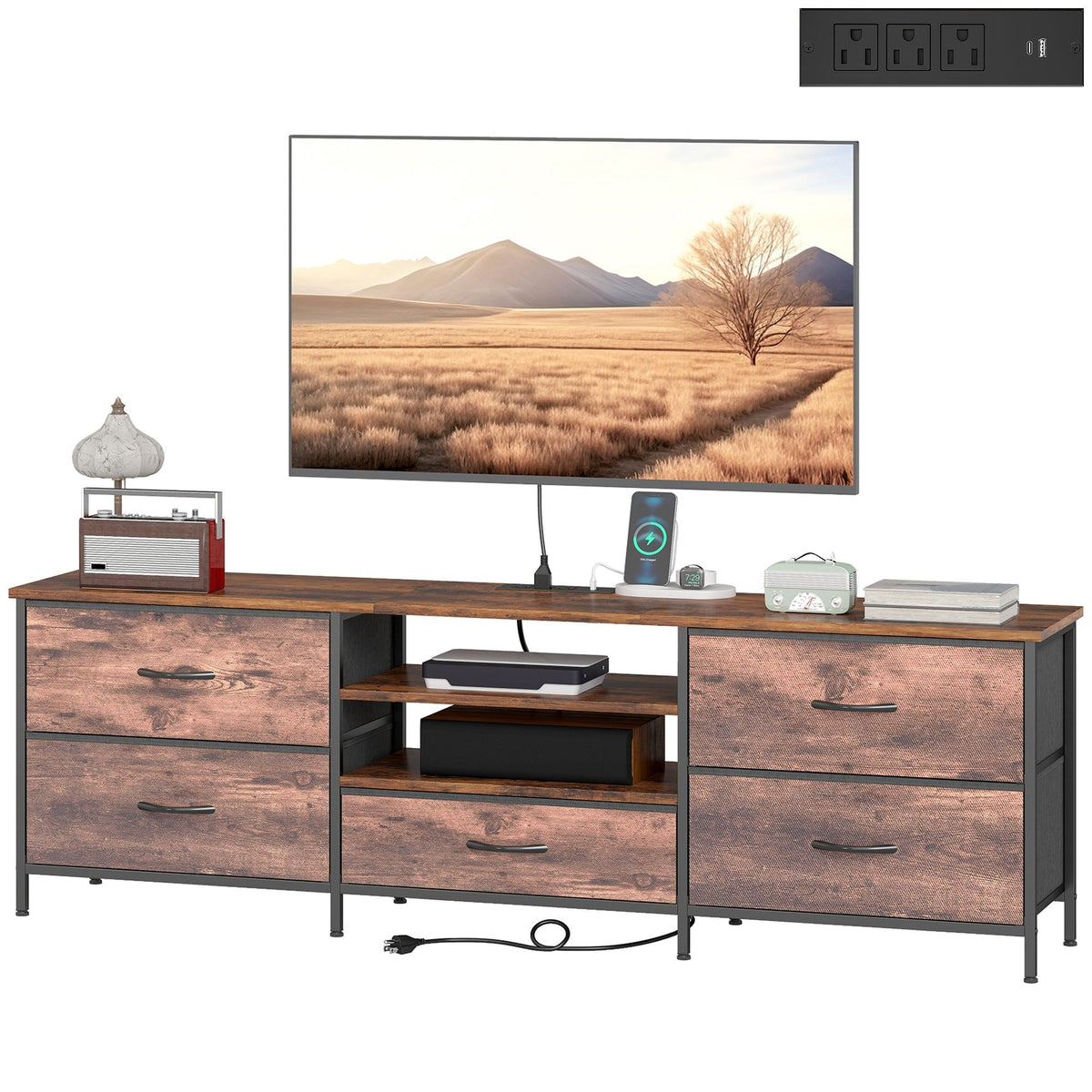 70" TV Stand with 5 Drawers and Charging Station - Rustic Brown