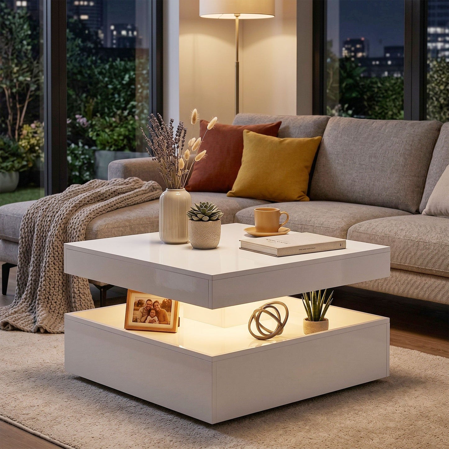 2-Tier LED Coffee Table with Open Shelf and Remote - Gloss White