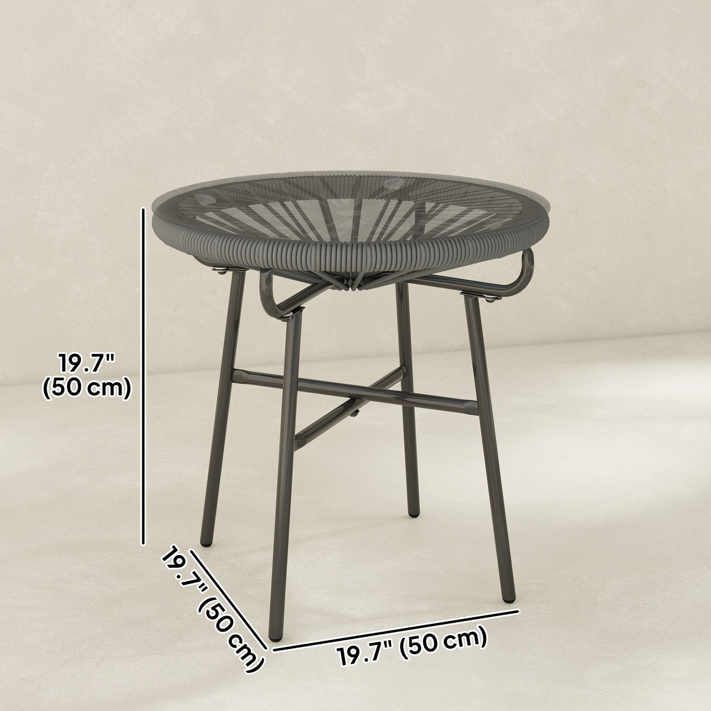 Rattan Side Table, Round Outdoor Table, with Round PE Rattan and Tempered Glass Table Top for Patio, Garden, Dark Grey
