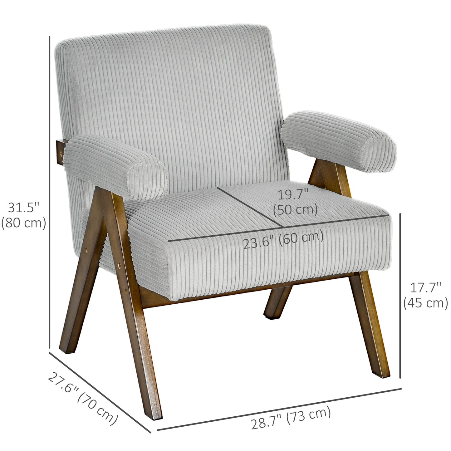 Corduroy Accent Chair Armchair with Wide Seat and Soft Padded Armrests for Reading, Bedroom, Light Grey
