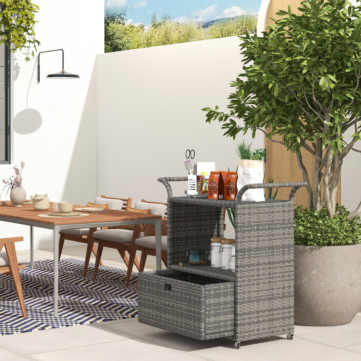 Patio PE Wicker Garden Serving Cart with 2-Tier Shelf, Outdoor Wheeled Rattan Food Cart with Drawer, Handles, for Poolside, Garden, Mixed Grey