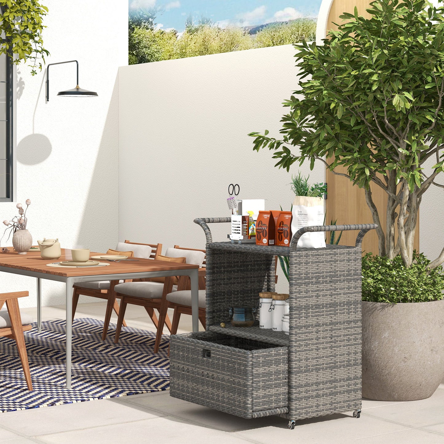 Patio PE Wicker Garden Serving Cart with 2-Tier Shelf, Outdoor Wheeled Rattan Food Cart with Drawer, Handles, for Poolside, Garden, Mixed Grey