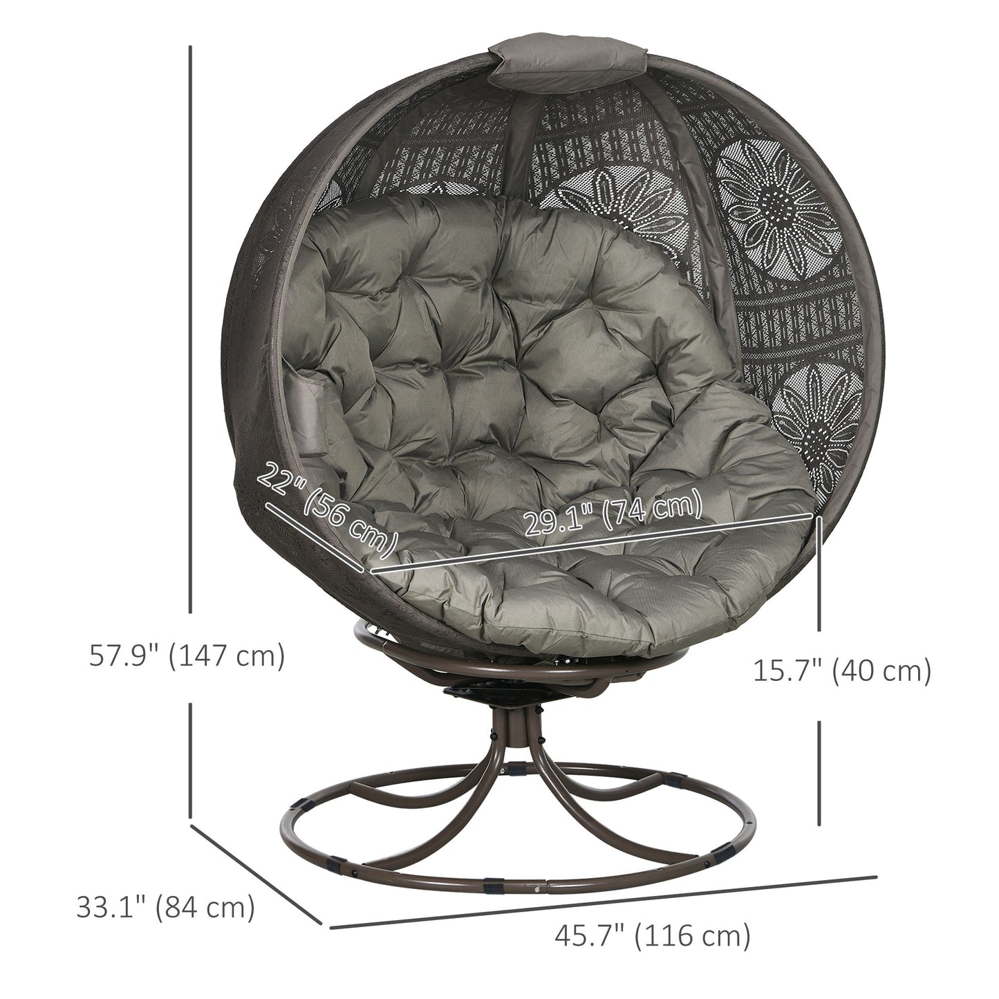 Patio Egg Chair with Swivel Base, Foldable Basket Chair with Large Seat Cushion, Cup Holder for Indoor, Outdoor, Sand