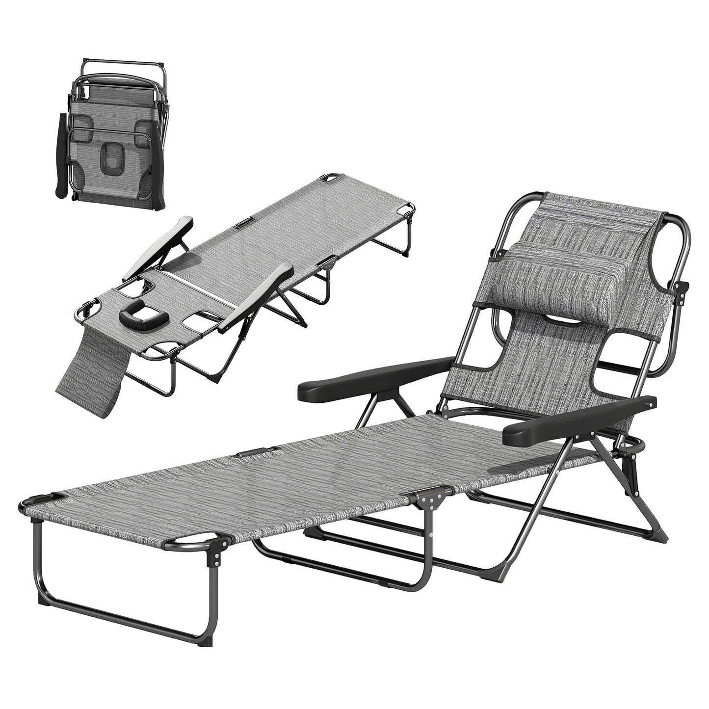 Folding Lounge Chair w/ Reclining Back, Mixed Grey