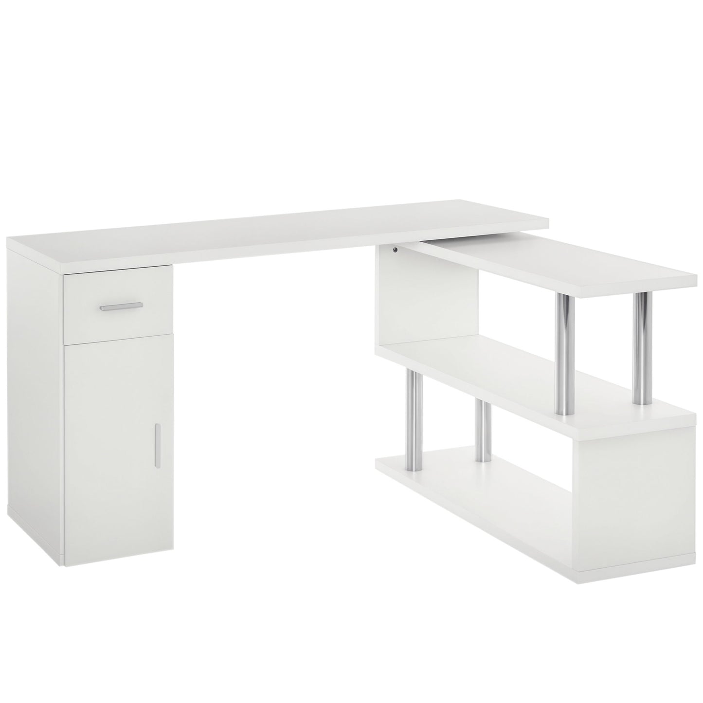 L-Shaped Rotating Computer Desk Home Office Study Workstation with Storage Shelves, Cabinet and Drawer for Home & Office, White
