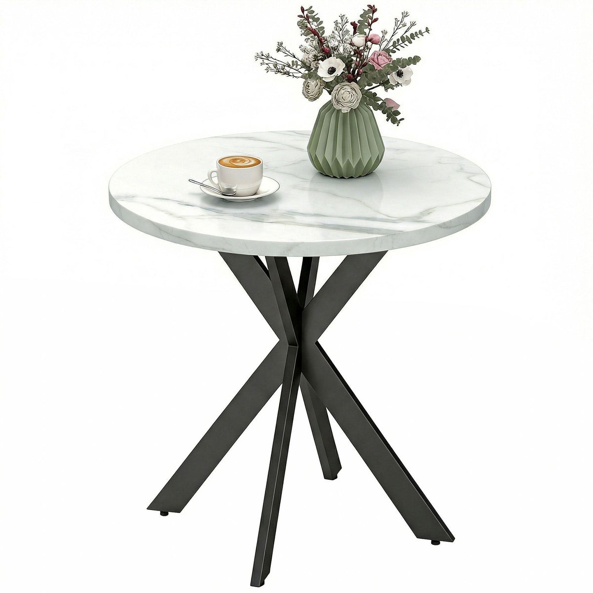 29" Round Dining Table with Steel Legs - White Marble-Effect
