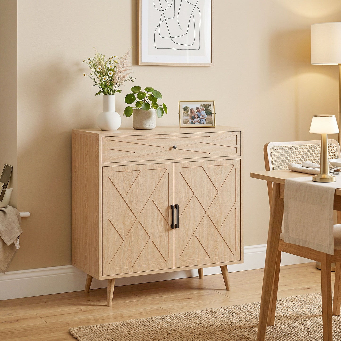 30" Sideboard with Patterned Doors, Buffet Cabinet with Drawer and Cabinet for Dining Room, Oak