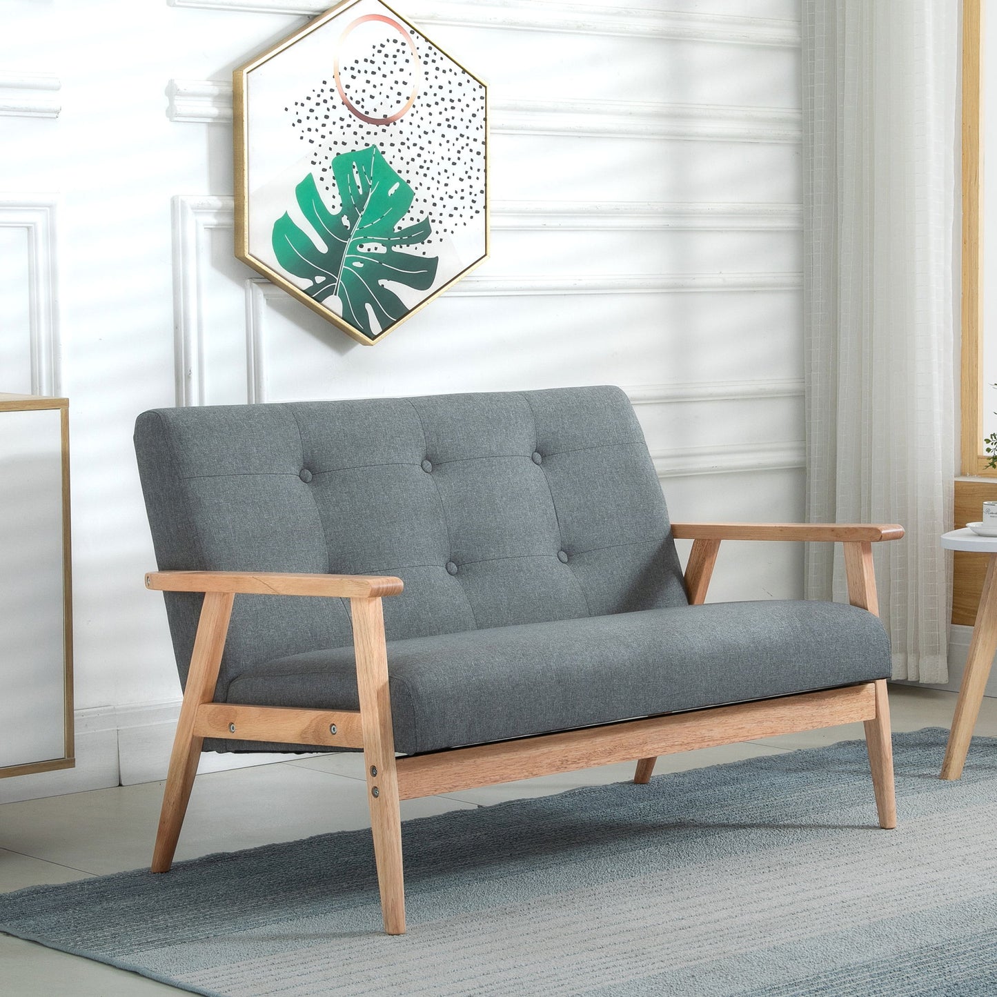 45" 2 Seat Sofa, Upholstered Two Seater Couch with Rubber Wood Legs for Bedroom, Living Room, Dark Grey