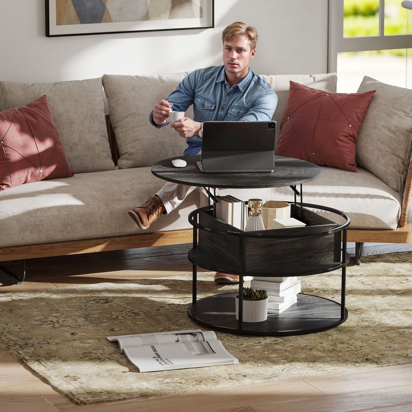 Lift Top Coffee Table, Round Coffee Table with Storage Shelf, Hidden Compartment and Steel Frame, Distressed Dark Grey