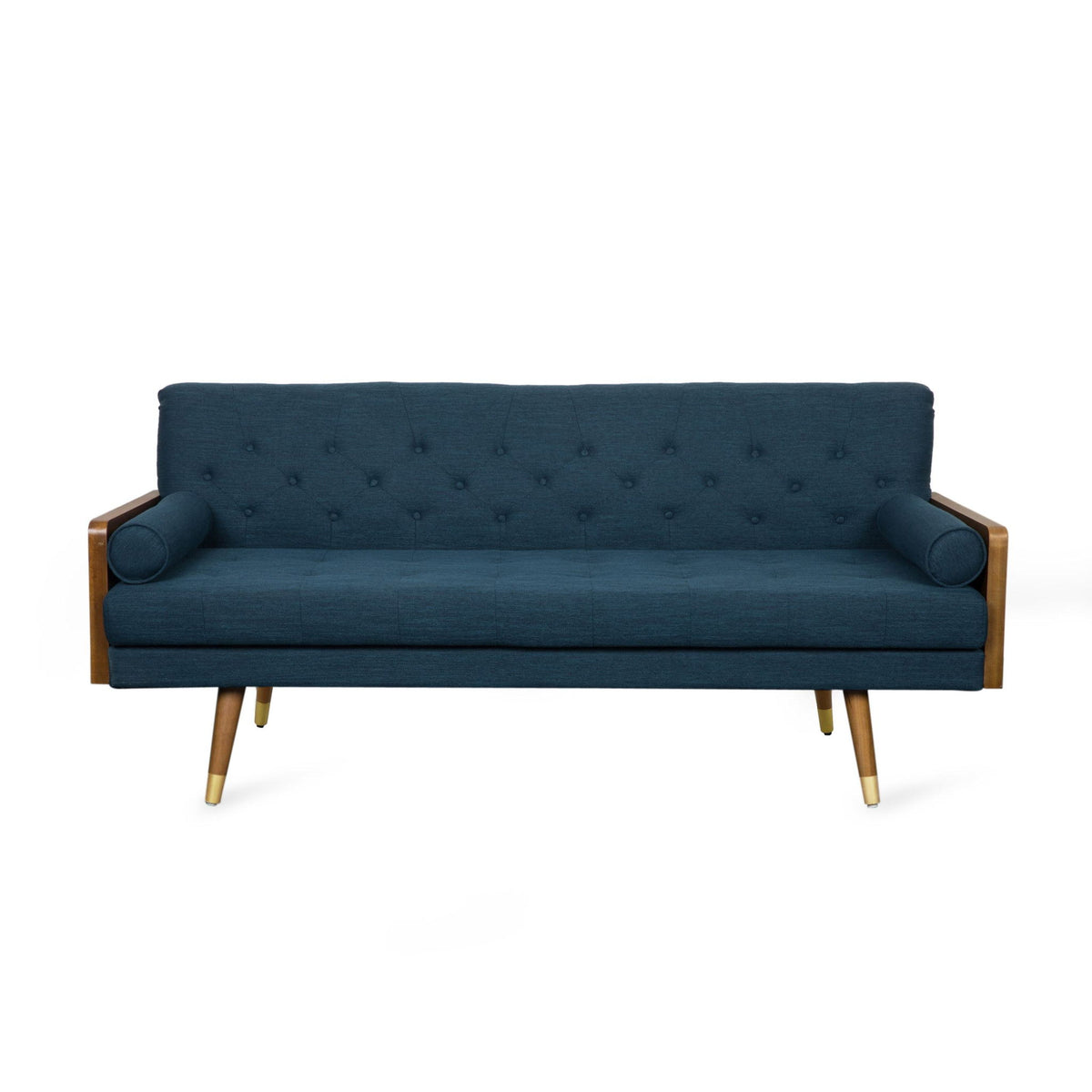 Mid-Century Modern Tufted Fabric Sofa with Rolled Accent Pillows, Daybed with Gold Tipped Rubberwood Legs, 72'' L x 30.5'' W x 32'' H, Navy Blue