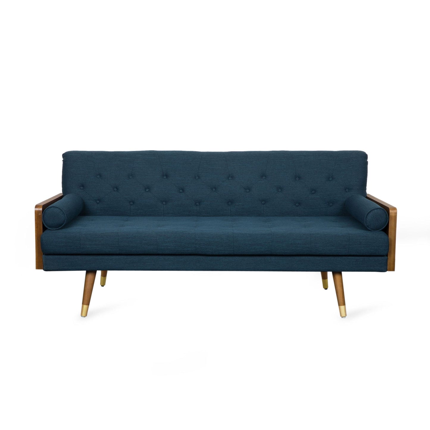 Mid-Century Modern Tufted Fabric Sofa with Rolled Accent Pillows, Daybed with Gold Tipped Rubberwood Legs, 72'' L x 30.5'' W x 32'' H, Navy Blue