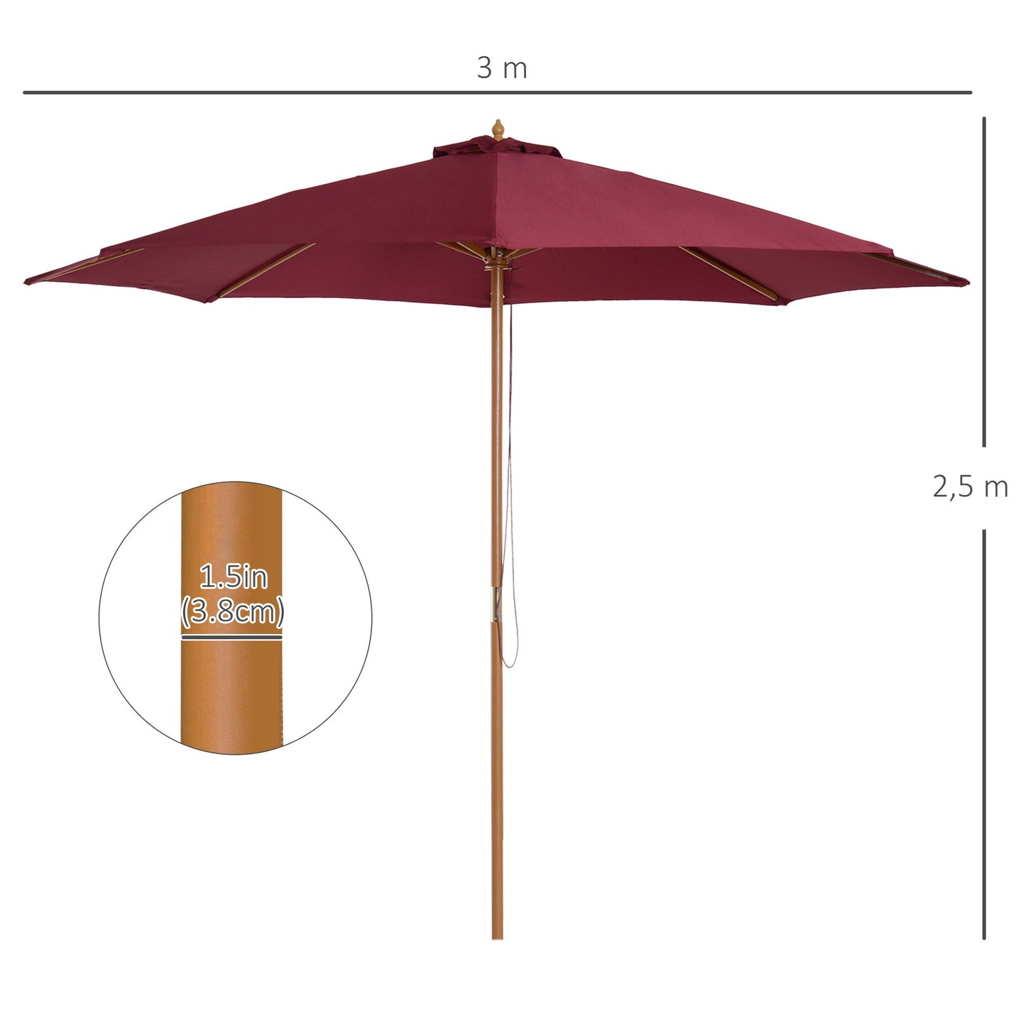 10' x 8' Bamboo Wooden Round Market Patio Sun Umbrella, Garden Parasol, Outdoor Sunshade Canopy, Wine Red