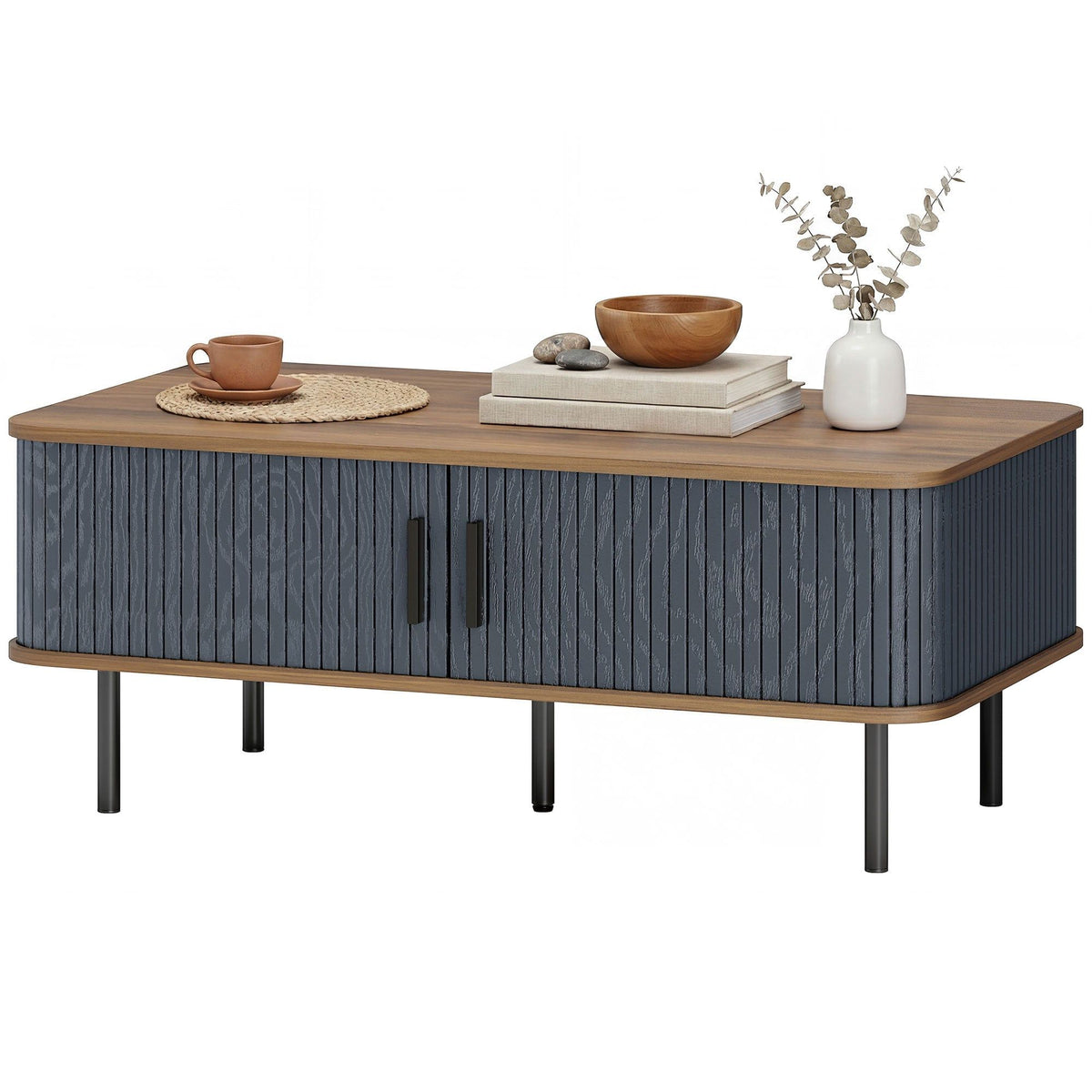 Side Table with Fluted Tambour Doors and Storage - Black