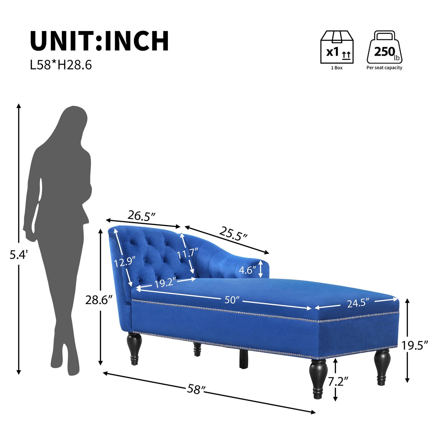 Exquisite Chaise Lounge with Button-Tufted Design and Nailhead Trim, Right-Arm Facing Chaise for Living Room, 58" L x 26.5" W x 28.5" H, Blue
