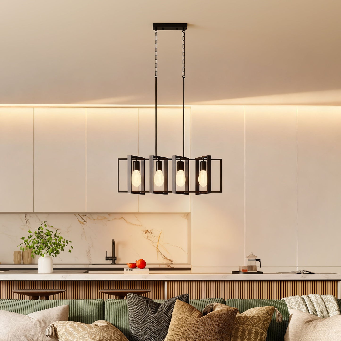 Farmhouse Kitchen Island Lighting, Linear Pendant Light with 4 Rotatable Frames and Adjustable Height, Black