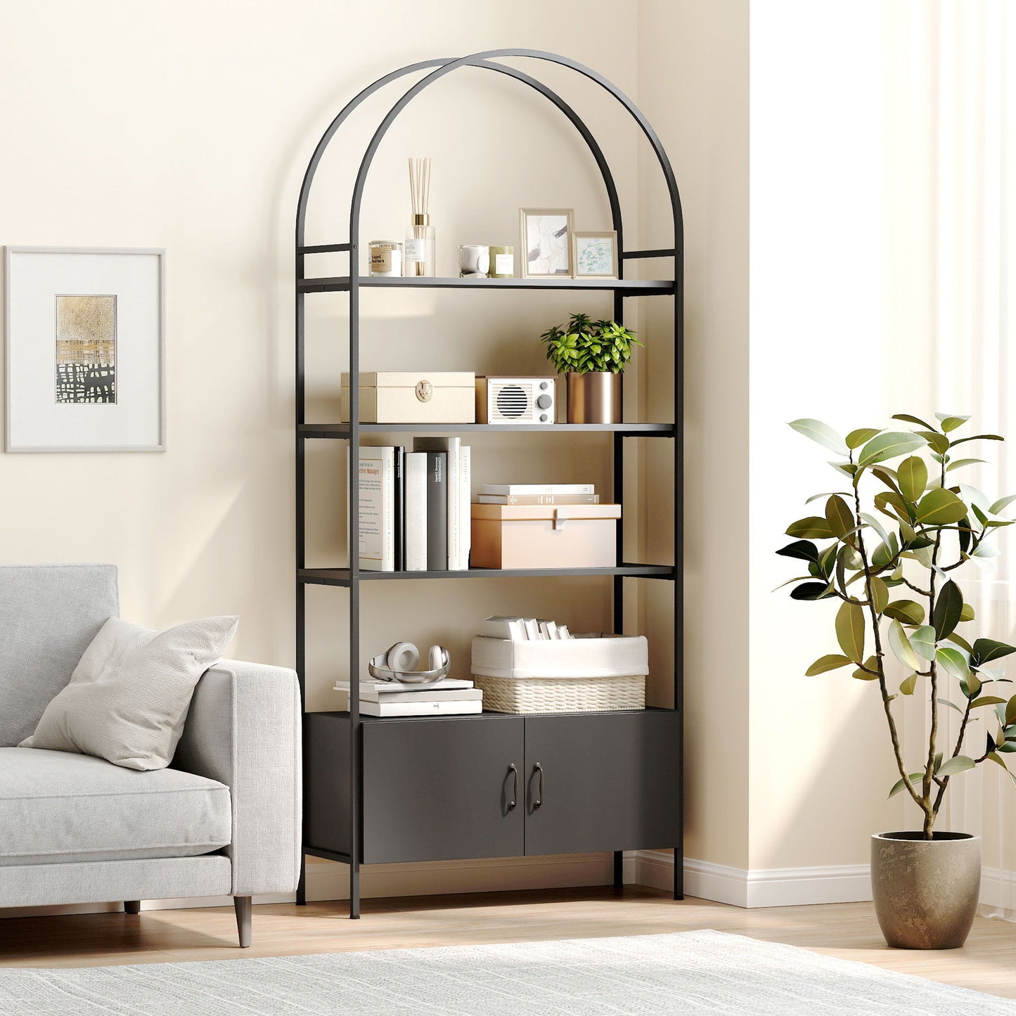 4-Tier Arched Shelving Unit with Cabinet, Bookshelf for Living Room, Office, 31.5" x 11.8" x 73.6", Black
