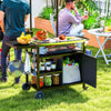 Outdoor BBQ Stand with Foldable Side Table, Stainless Steel Top, Pizza Oven Table with Wheels Hooks Shelves