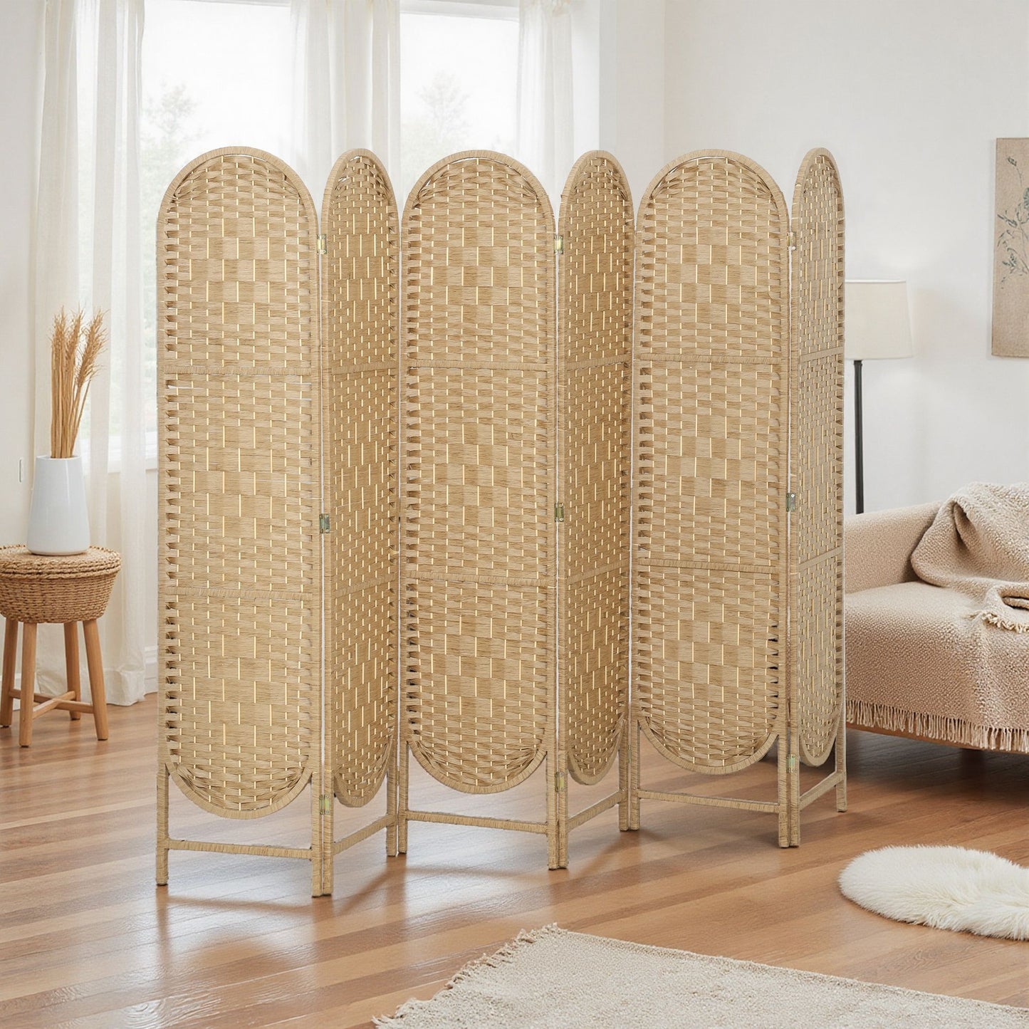 Bohemian Privacy Screen, Folding Room Divider with 6 Panels and Arched Top for Bedroom Living Room Office, Natural Wood