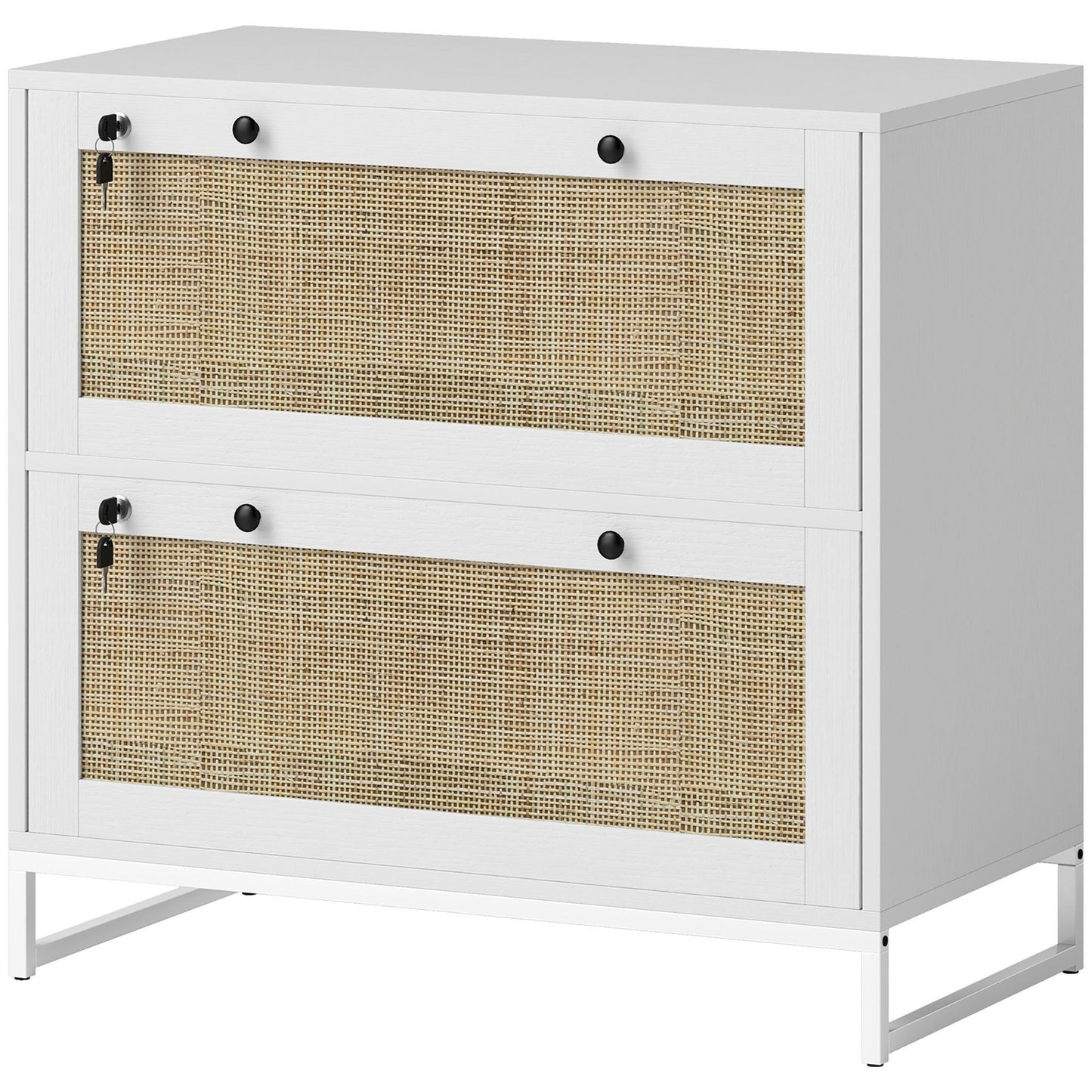 2-Drawer Filing Cabinet with Lock, Rattan File Cabinet with Adjustable Hanging Bar, White
