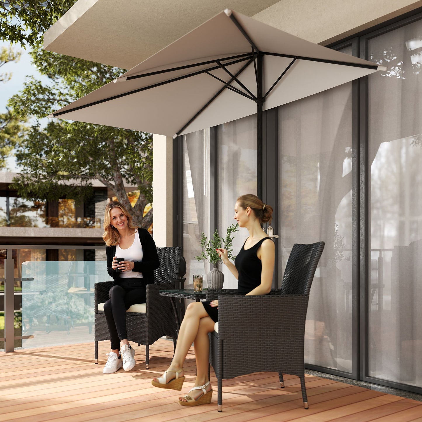 8ft Half Umbrella Outdoor Balcony Parasol Patio Garden Outdoor Window Sun Shade w/ 5 Ribs, Cream White