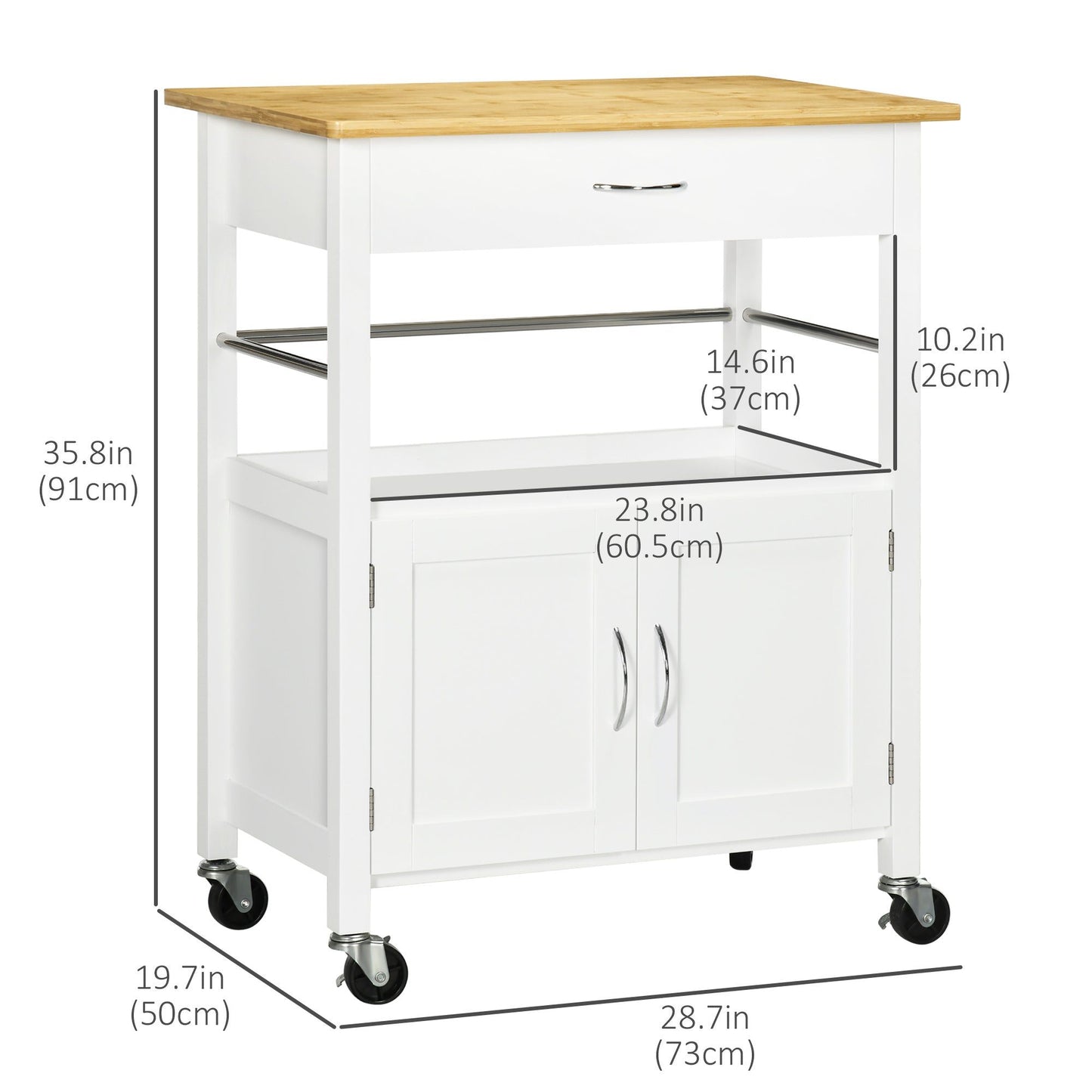Kitchen Cart with Storage Drawer and Side Hooks - White